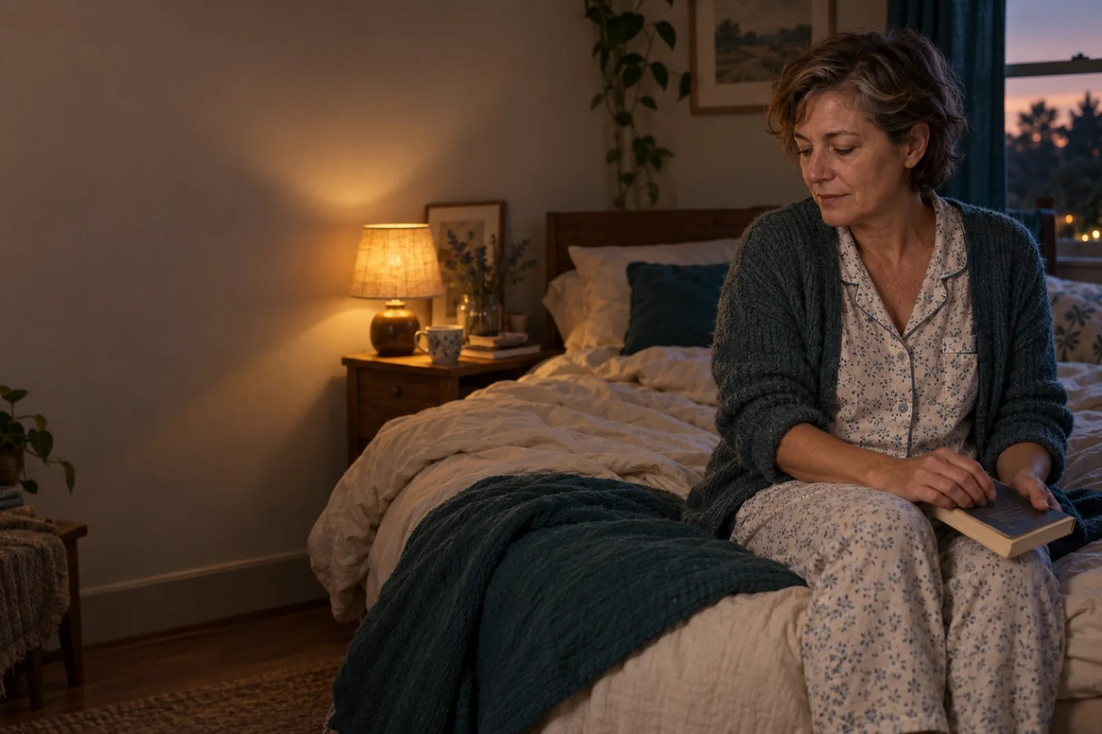 An everyday woman winding down with a book in her bedroom