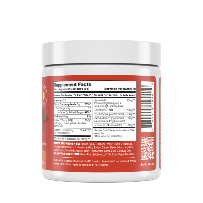 MitoChew Daytime jar showing Supplement Facts and other ingredients