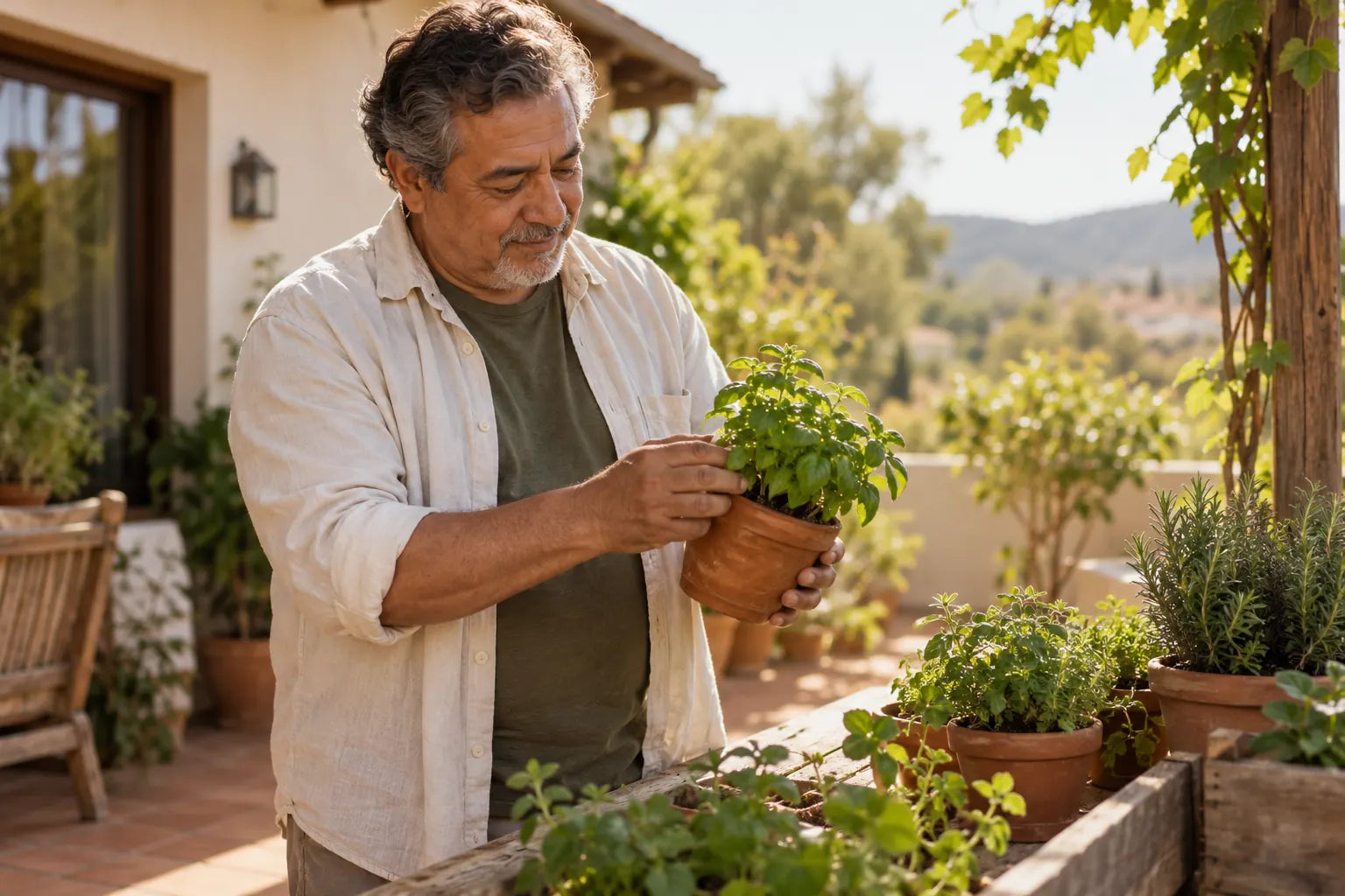 A man tending herbs on a sunny patio