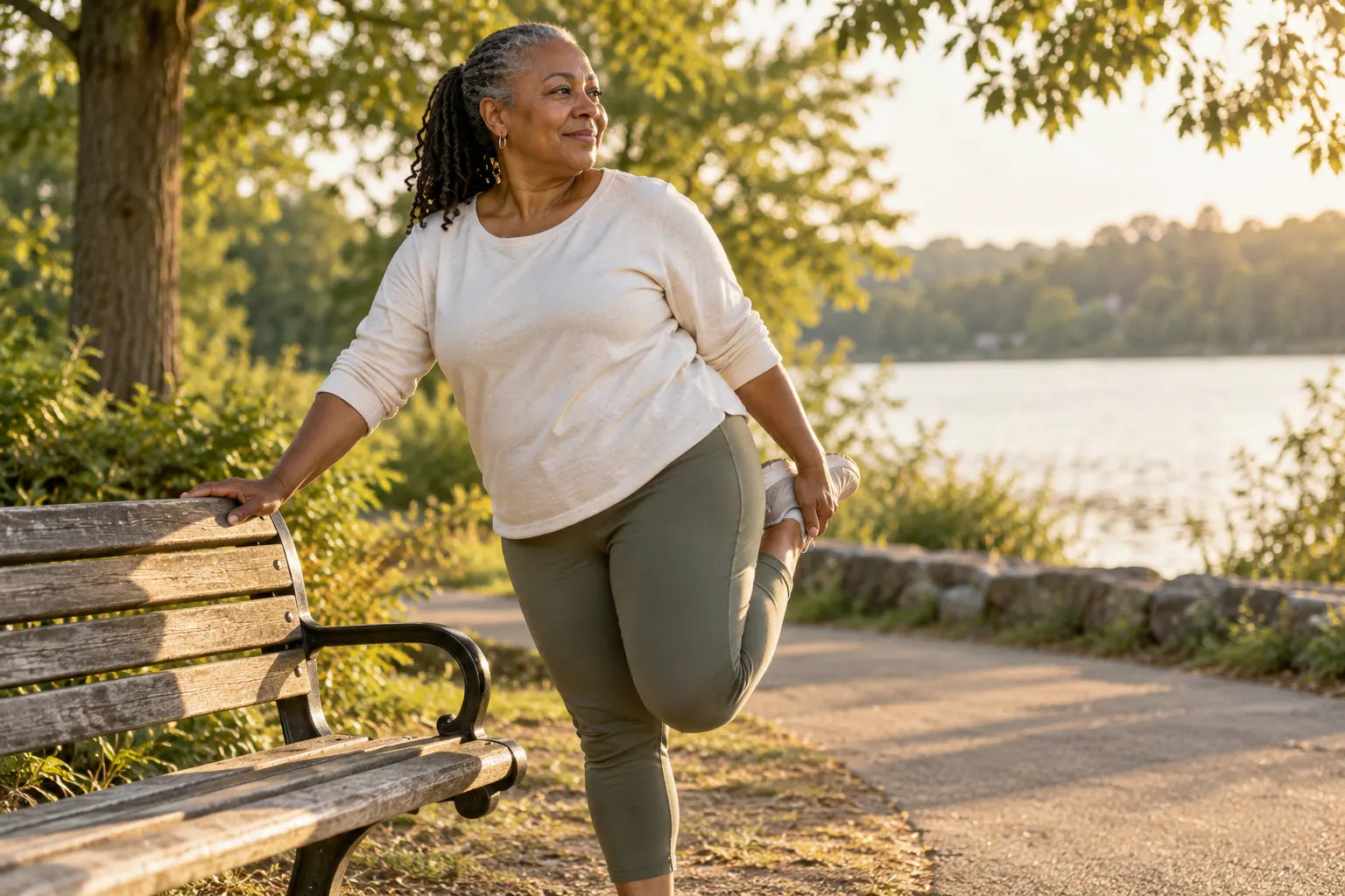 A woman gently stretching beside a park bench